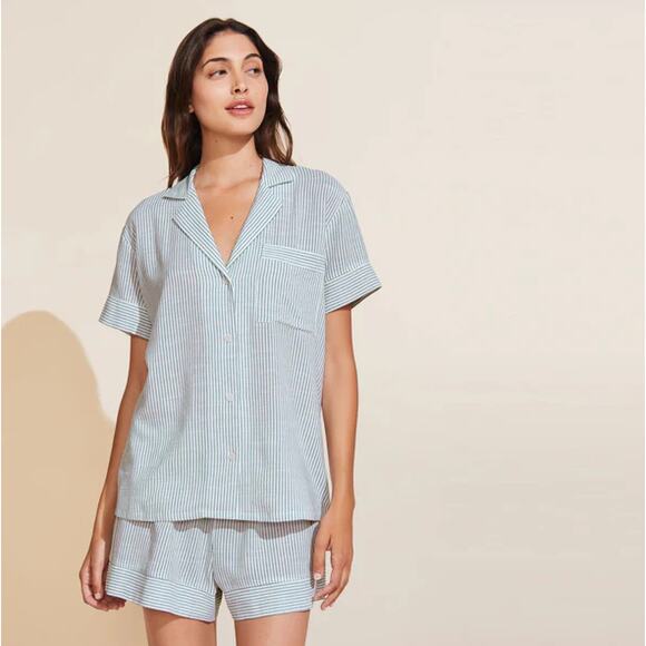 EBERJEY Shortie Short Pj Pajama Set Blue/White Striped Set XS Comfy Cozy - Picture 1 of 5
